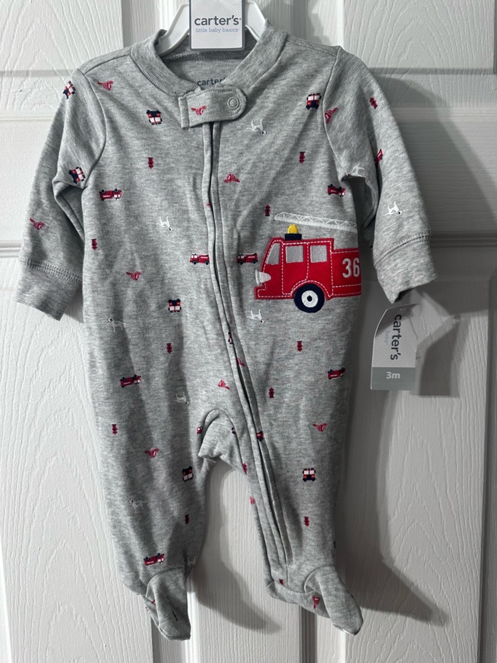 Carter's Gray Footed One-Piece with Red Fire Truck Accent